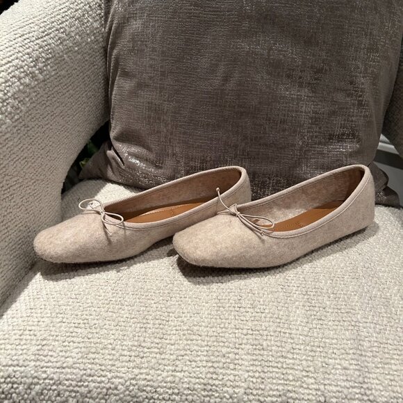 Zara Oatmeal Beige & Grey Felt Ballet Flats | Square Toe | Size 37 / US 6.5 - Picture 2 of 11